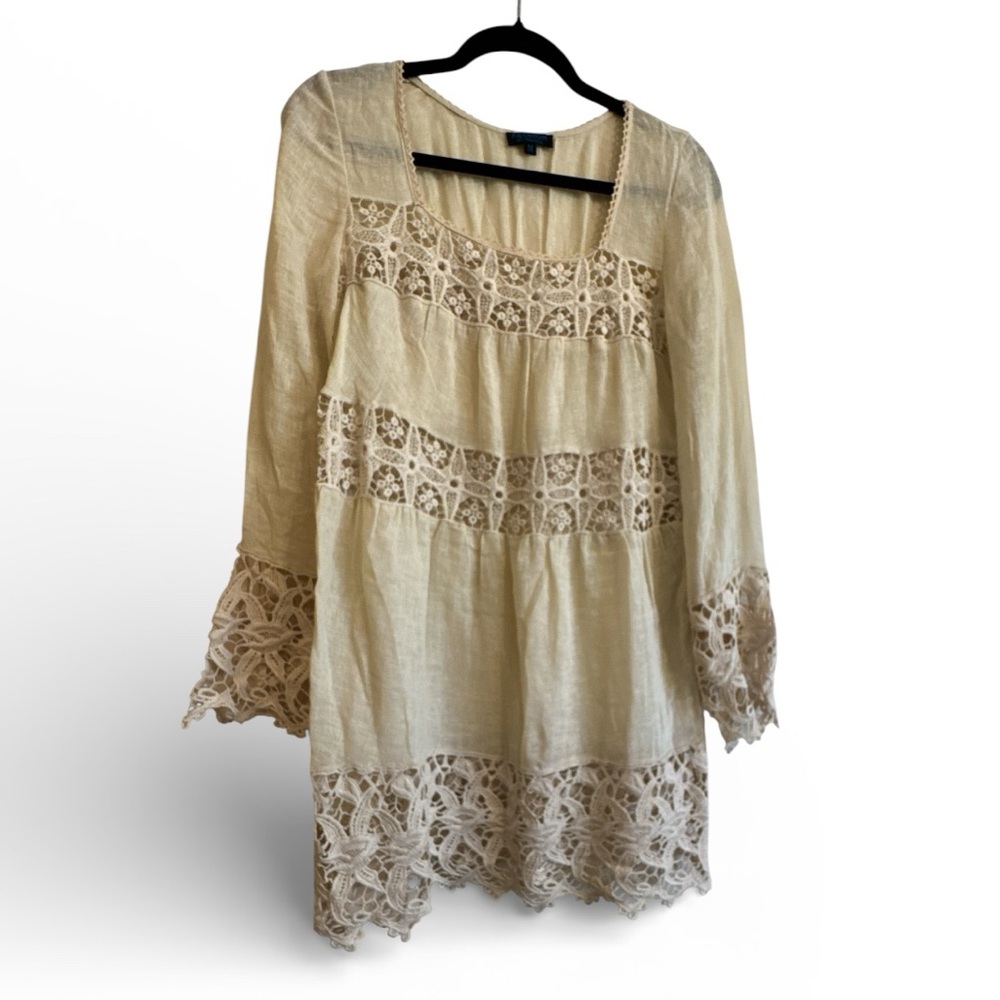 Fashion on the Run Lace Detail Boho Sheer Cotton/Linen Blend Shift Dress Size M
